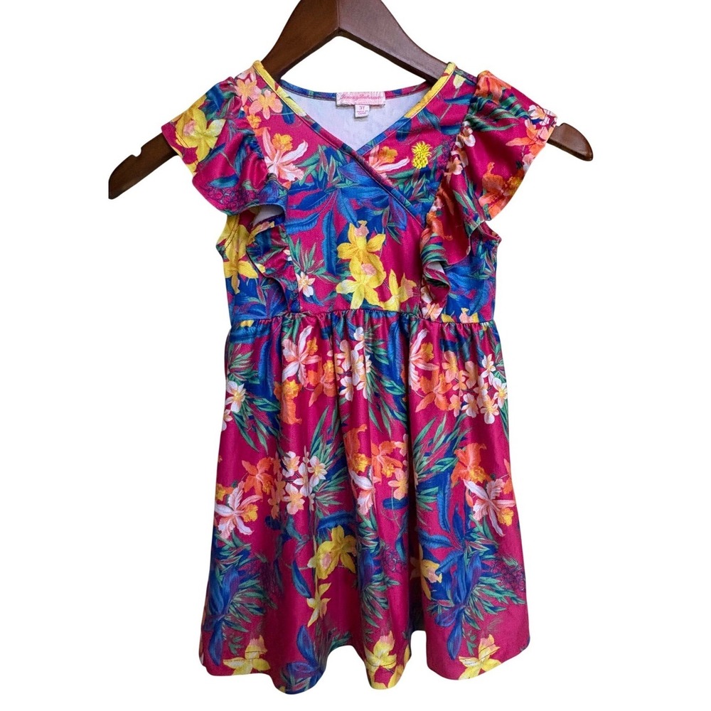 Tommy Bahama Girls Floral Flutter Sleeve Dress Pink Yellow Blue 3T